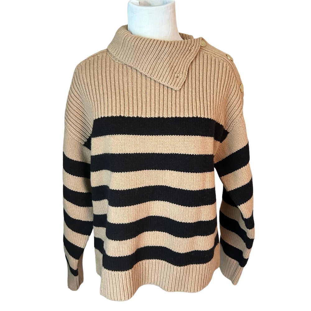 COS wool striped camel and black button turtleneck sweater